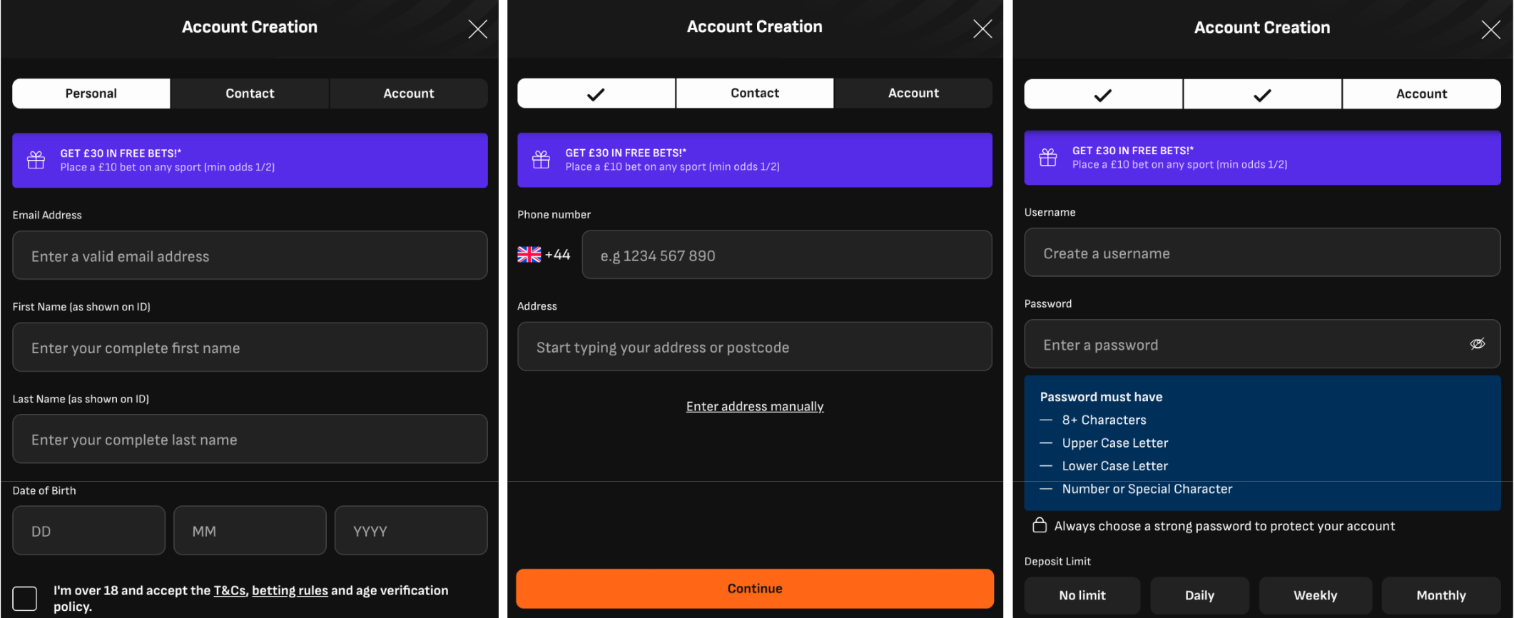 Livescore Bet's registration process, with fields for personal details, address and phone number, and username and password